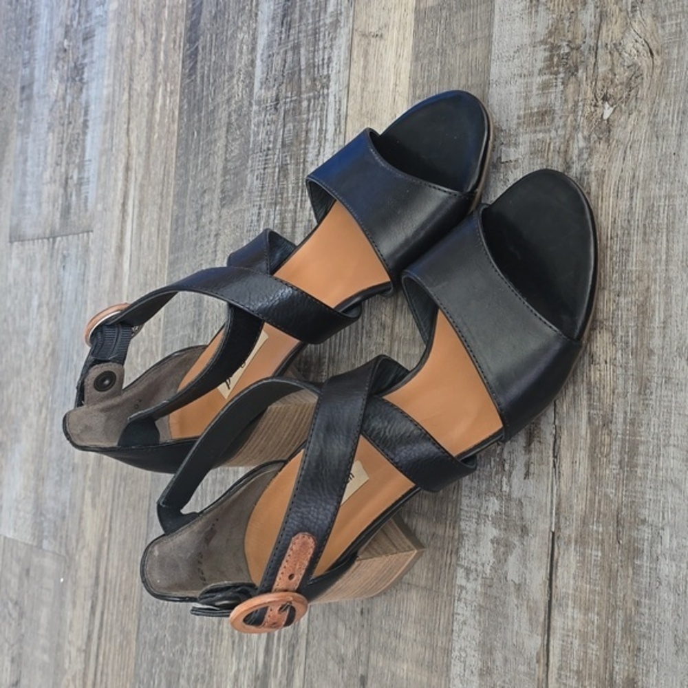 PAUL‎ GREEN Black Leather Chunky Heel Sandals Women's US 6 NWOT
